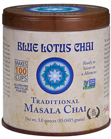 Blue Lotus Chai - Traditional Masala Chai - Makes 100 Cups - 3 Ounce Masala Spiced Chai Powder with Organic Spices - Instant Indian Tea No Steeping - No Gluten