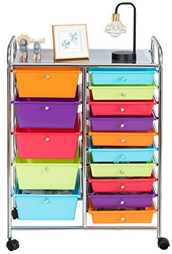 RELAX4LIFE Rollwagen, Aufbewahrungswagen mit 15 Schubladen, Lagerwagen mit 4 Universalrädern, Allzweckwagen für Bad & Küche, Metallgestell, Rollcontainer Haushaltswagen, 62,5 x 37 x 87 cm (Farbig)