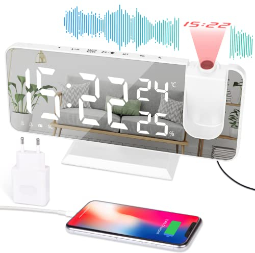 EVILTO Projektionswecker 180° Decke – Digitaluhr elektrisch Snooze-Funktion 12/24 Stunden Lautstärke verstellbar Modern Luxus für Haus mit EU-Stecker Weiß