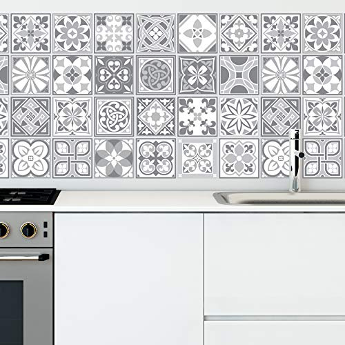 WALPLUS 96 pcs 15cm Purbeck Stone Grey Tiles Removable Peel and Stick Mosaic Tiles Vinyl Self Adhesive Backsplash Bathroom Kitchen Stick On Tile Paint Tile On Wall Spring Easter Decoration