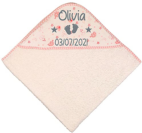 Alwaystrusted Personalised Gift Pink Elephant Baby Hooded Towel Grey Feet Name and Date Girl AT-SB55-15-CG