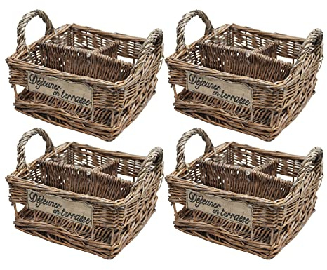 Rustic 'Dejeuner en Terrasse' Flatware Cutlery Condiments Napkin Storage Caddy Serving Baskets - 19cm (W) x 19cm (L) x 10cm (H) - Set of 4