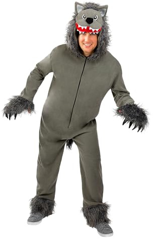 Funidelia Disfraz de lobo gris para hombre y mujer, Animales, Incluye mono y pieza para la cabeza - Traje para adultos para fiestas, Carnaval y Halloween, Talla L-XL