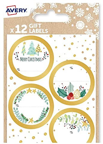 Avery Festliche Etikettenpackung mit Winterblumen-Design – 12 Stück Geschenk-Etiketten-Aufkleber, Premium-Weihnachts-Namensetiketten und Geschenkpapier-Dekoration.