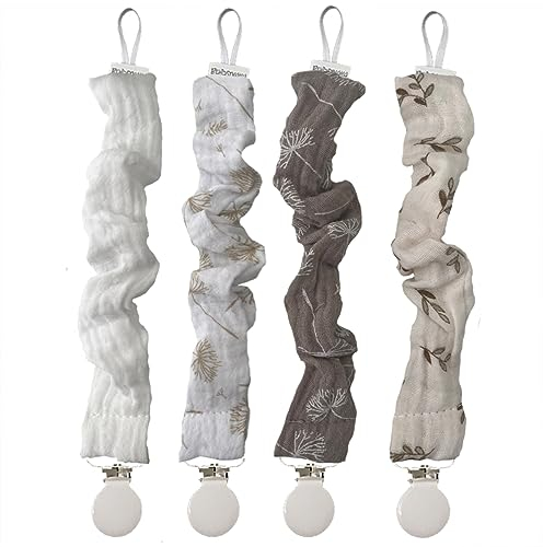 MIMUSELINA 4er Pack Schnullerkette mit Metallclip für Babys - Schnullerband zum Aufhängen von Schnullern - Schnullerclip aus Stoff (Neutro)