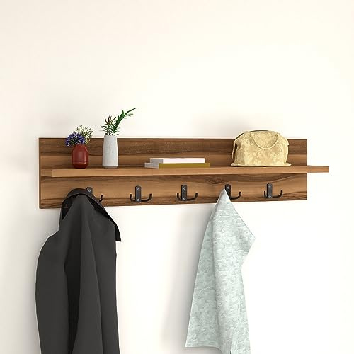 [en.casa] Perchero Mural Hammarö con 10 Ganchos Perchero con Estante de Pared para Sombreros Chaquetas Bolsos Recibidor Aglomerado 80 x 13 x 18 cm Nogal