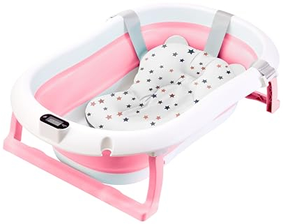 wuuhoo® Große ergonomische Baby Badewanne Abby, Faltbare Badewanne für Babys, Kinderbadewanne mit integriertem Thermometer und Badekissen mit Badewannenkissen (Rosa)