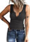 ELFIN Damen Tank Top Sommer Sexy V Ausschnitt Slim Fit Oberteile Gerippt Ärmellos Basic Shirt Weste Top (L, Schwarz)