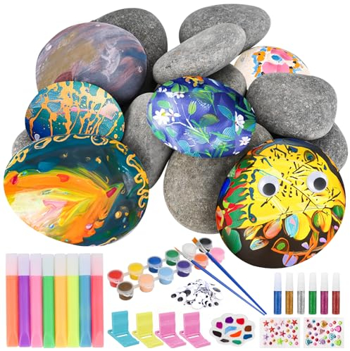 Tigvio 16 Steine zum Bemalen Set, Nachtleuchtendes Steine Bemalen Set Kinder mit 12 Farbfarben Metallicfarben Glitzerkleber, Steine Bemalen Bastelset Kreativ Set für Kinder Erwachsene Geschenke Malset
