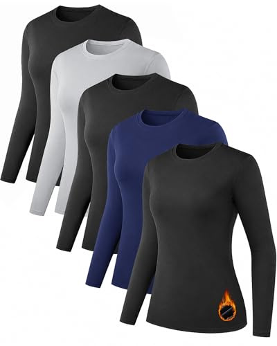 NebuKinex 5 Pack Long Sleeve Thermal Shirts for Women Ultra Soft Fleece-Lined Crew Neck Workout Baselayer Tops 3Black+Grey+Blue-L