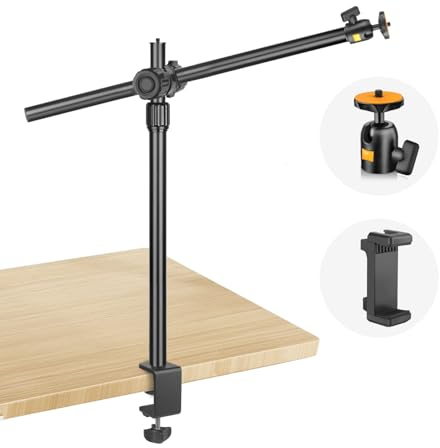 JEBUTU OS02 Soporte de Escritorio para Cámara con Brazo para Teléfono, Trípode de Escritorio de 31-57cm con Abrazadera para Teléfono y Cabeza de Bola para Cámara, Smartphone, Webcam, Proyector