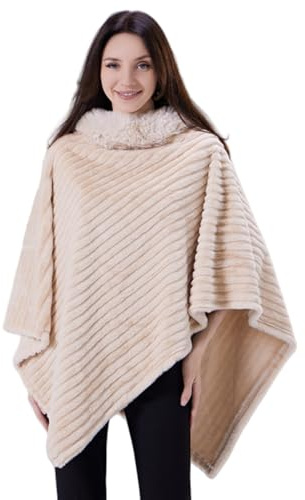 Miaikvs Women's Pullover Knitted Shawl Cape Shawl with Fur Collar Poncho Wrap Shawl(Beige)
