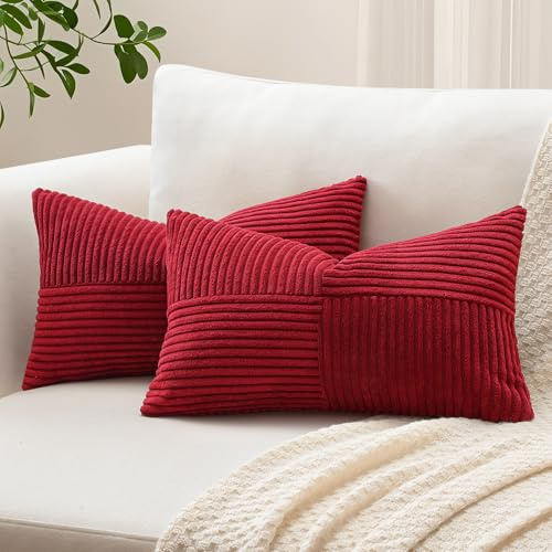 Sungeek Lot de 2 Housse de Coussin 40x60 cm en Velours Côtelé, Housse Coussins Patchwork à Rayures Croisées Doux Taies d'oreiller Décoratives pour Lit Canapé Chambre Salon, Rouge Foncé