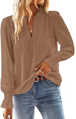 TUUHAW Top Femme Chic et Élégant Automne Bohème Manches Longues à Volants Dentelle Col en V Tunique à Point Suisse T-Shirt Chemise Mousseline Hauts Fluide Blouses Loose Mocha L