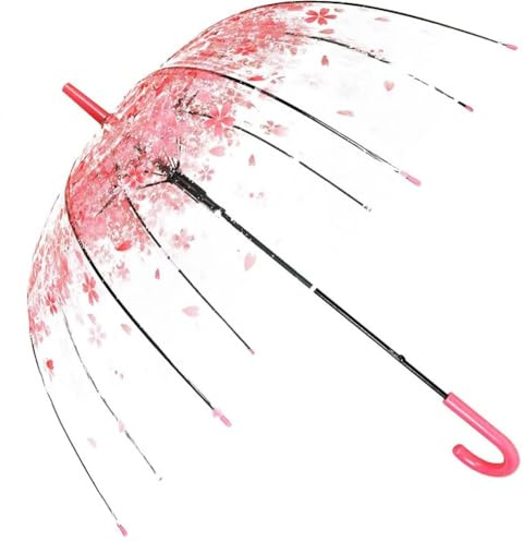 Clear Cherry Blossoms Umbrella,Clear J Hook Handle Stick Umbrella,Transparent Umbrellas Wedding,Pink Bubble Umbrellas for Kids and women (Pink)