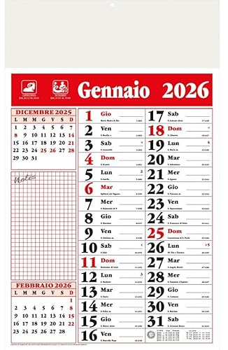 Kartoflak - Calendario Olandese 2026 da Muro Trimestrale – (Rosso,Verde,Blu,Multicolor), Numeri Grandi, Spazio Note, Fasi Lunari, Festività e Santi Carta Ecologica – Ufficio,Casa e Idea Regalo