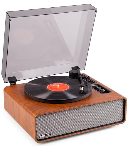 Audizio Laredo – Tocadiscos de Vinilo Bluetooth con Altavoces HiFi 160W, cápsula Audio Technica, Gira Discos con Plato de 29 cm, giradiscos Vinilo con RCA y BT in/out, Acabado en Madera Oscura
