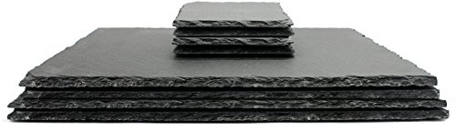 Natural Slate Placemats & Coasters - 8pcs | Square Drink Coasters & Rectangle Food Place Mats | Fine Cut Tablemats | Contemporary Tableware | M&W