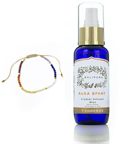BALIPURA - 7 Chakra Travel Set - Aura Spray and Aura Bracelets Gift for Women - Precious Gemstones Healing Crystals Stone with Essential Oil Spray Energy, Free Linen Bag, Handmade in Bali