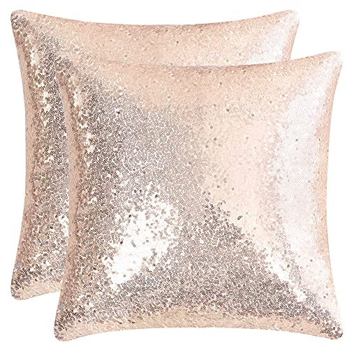 sourcing map Decorativo Lentejuela Almohada Fundas, Brillante Confortable Satín Cojines Fundas, Almohada Fundas para Fiesta 16x16 Pulgadas Oro Rosa Paquete de 2