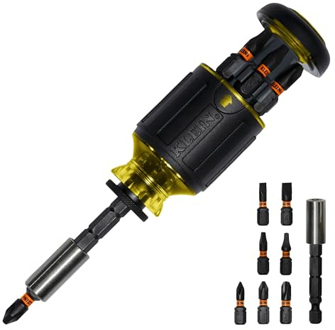 Klein Tools 32308 Multi-bit Stubby Screwdriver, Impact Rated 8-in-1 Adjustable Magnetic Tool with Phillips, Slotted, Square and Nut Driver