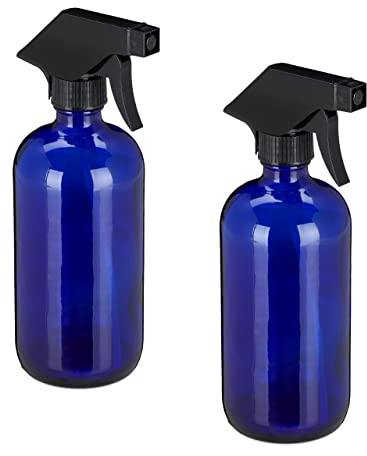 Relaxdays Sprühflasche Glas, 2er Set, 500 ml, nachfüllbar, Nebel & Strahl, Haarpflege, Reinigung, Zerstäuber, leer, blau