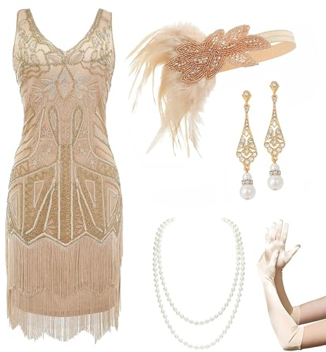 BABEYOND Women’s Flapper Dresses Set 1920s V Neck Beaded Fringed Great Gatsby Dress with Accessories Set