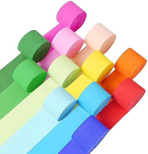 12 Rolls Crepe Paper Streamers - 12 Colors, Colorful Birthday Streamers for Birthday, Wedding, Baby Shower, Ocean, Rainbow, Bachelorette Party Decorations