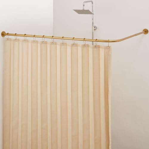 Crkmire Corner Shower Curtain Rail, [61-134 cm] x [61-134 cm] Adjustable L Shaped Shower Pole Rod 90 Degree Curved Square Curtain Rod for Bathroom with 12 Hooks & Ceiling Support