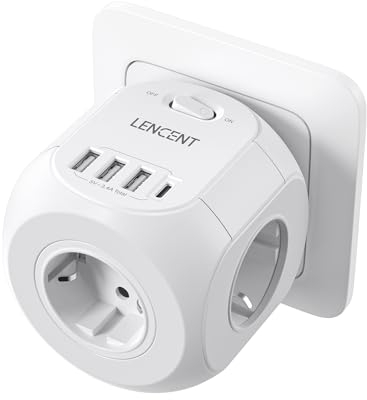 LENCENT Cubo Enchufe USB 8 en 1, Ladron Enchufes 4000W, Cubo Enchufe Múltiple Pared con 4 Tomas de CA, 3 USB, 1 Tipo C y Interruptor, Cargador USB para Oficina, Cocina y Habitación