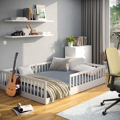 CADANI Timi 2in1 Bodenbett 140x200 cm Montessori Kinderbett mit abnehmbaren Rausfallschutz inkl. Lattenrost, Kiefer Massivholz, weiß - 3 Aufbauvarianten, bis 200 kg belastbar, umbaubar