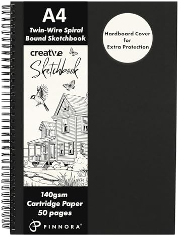 PINNORA Creative A4 Sketchbook (140GSM) - Black Hardcover Sketch Book with Thick Cartridge Paper | Twin-Wire Spiral Bound Sketch Pad, A4 Drawing Pad for Sketching - Art Book for All Ages (50 Pages)