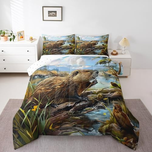 Erosebridal 3D Capybara King Bedding Set for Boys Girls Teen,Ocean Animal Kids Down Comforter Beaver Wildlife Comforter Set Rustic Capybara Bed Set 2 Pillow Cases