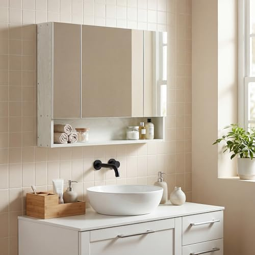 kleankin Armario de Baño con Espejo de Pared 3 Puertas 90x15x75 cm Blanco