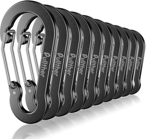 pullther Lot de 10 Mousqueton Multifonction, 70mm/2.76'' Mousquetons Porte Clé, Grands Mousqueton en Aluminium, pour Sports de Plein Air, Randonnée, Camping et Pêche - Noir
