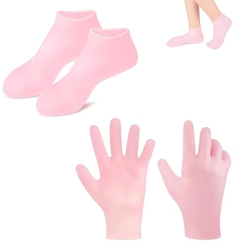 4PCS Silicone Socks for Moisturising Feet, Silicone Foot Care Socks and Hand Moisturiser Gloves Set, 15 x 7cm Moisture Socks with 19cm Gloves, Gel Socks for Home Spa and Pedicure Care