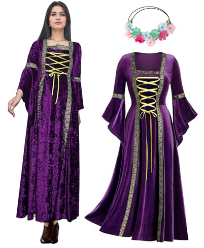 OPAEHJF Rinascimento donne abiti in velluto, medievale gotico retrò abito Halloween irlandese vintage vittoriano faire costumi cosplay party (viola, XS)