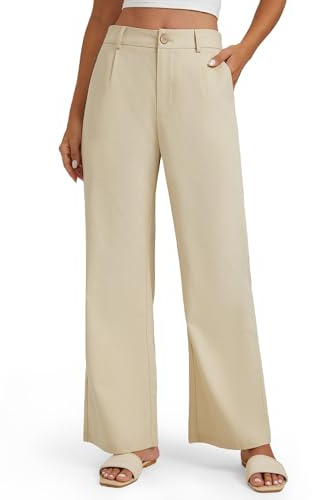 Enmain Pantaloni Lino Donna Beige Ufficio Pantaloni Gamba Larga Vita Alta Casual Cotone Estivi Pants Leggeri con Tasche XXL