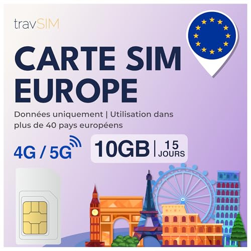 travSIM SIM-kort Europa Internet | 15 dagar – 10 GB | SIM-kort Europa, Tyskland, Frankrike, Spanien, Italien, Nederländerna och mer | Tillgång till Google, Facebook, Whatsapp med mera | 0