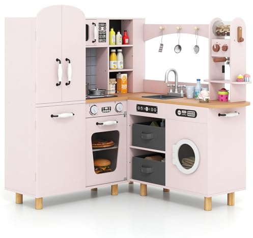 COSTWAY Kids Play Kitchen, Wooden Corner Pretend Toy Kitchen with Double-Door Fridge, Coffee Maker, Washer, Fabric Bins & 12 Accessories, Children's Chef Role Play Set for Boys Girls (Pink)
