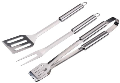 alpina Set Barbecue 3 Pezzi - Utensili Barbecue con Spatola e Pinza - Accessori Barbecue con Forchetta - Attrezzi Barbecue Acciaio Inox - Argento