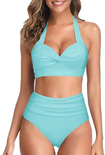 Maillot De Bain Femme 2 Pièces Gainant Ventre Plat Bikini avec Coques sans Armature Nœud Papillon Devant Taille Haute Shorty Bikini Set pour Vacances Plage Natation