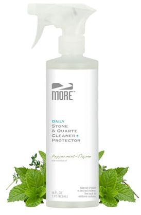 MORE Stone & Quartz Cleaner + Protector - Water-Based Surface Spray - Granite, Quartz & Marble Cleaner - For Kitchen & Bathroom Countertops & Floors - Peppermint-Thyme Essential Oil - Pint (16oz)