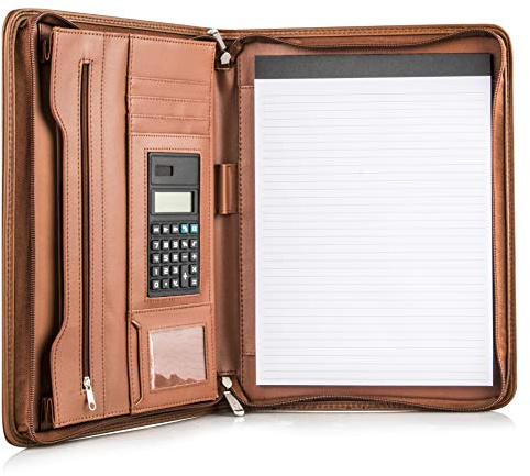 Cossini Premium Business Portfolio with Zipper – Padfolio - Superior Business Impressions Begin with PU Vegan Leather, 10.1 Inch Tablet Sleeve, Smart Storage, Solar Calculator, Writing Pad - Tan