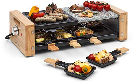 Klarstein Chateaubriand Nuovo Raclette mit Naturstein - Raclette-Grill, Party-Grill, 1200 Watt, Aluminio/Stein, 8 Personen, Stufenlos Regullierbar, Edelstahl, inkl. Zubehör, schwarz-braun