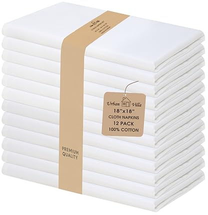 Urban Villa Cloth Napkins 100% Cotton Highly Absorbent Washable Durable Reusable Premium Dinner Napkins Ideal for Gifts for Mothers Day Hotel Farmhouse Parties - White (18 x 18, Set of 12)