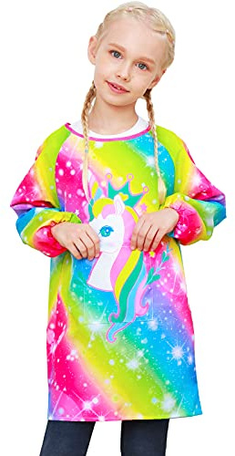 PASHOP Kids Art Smocks Unicorn Waterproof Painting Apron Smock for Girls Boys Long Sleeve Knee Length Artist Smock with Pocket for 3-12 Years (Unicorn A, 3-7 Years)