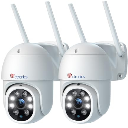 Ctronics 4MP Caméra Surveillance WiFi Extérieure, 2.4/5Ghz WiFi PTZ Caméra IP, Vision Nocturne Couleur, Détection Humaine, Suivi Automatique, Cloud, Audio Bidirectionnel, IP66 (2 Pack) (Blanc)