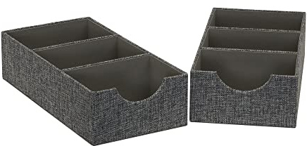 Household Essentials Organizer Tray Accessory in Fabric‑Covered Sturdy Drawer Organizer with Three Compartments, Graphite Gray, Set of 2