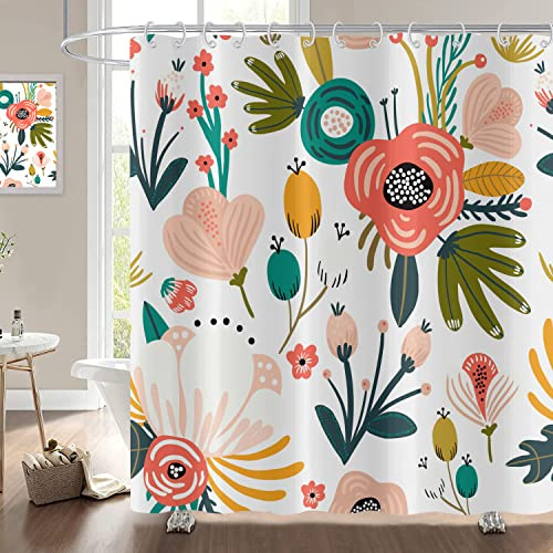 Hnmdmyi Duschvorhang Boho Blumen 180x200, Böhmische Blumen Tropische Blätter Bunte Badewanne Vorhang Abstrakt Mid Century Modern Ästhetische Kunst Wasserdicht Polyester Stoff Waschbar Badevorhang